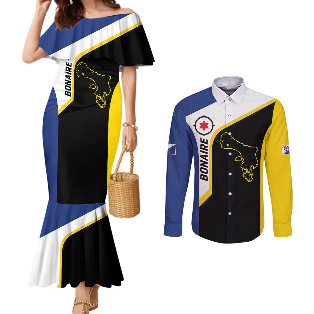 Caribbean Bonaire Personalized Couples Matching Mermaid Dress and Long Sleeve Button Shirt Simple Flag Style - Wonder Print Shop