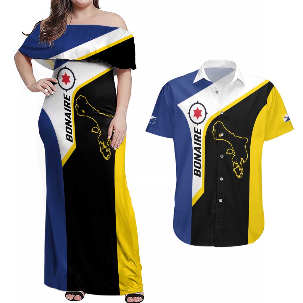 Caribbean Bonaire Personalized Couples Matching Off Shoulder Maxi Dress and Hawaiian Shirt Simple Flag Style - Wonder Print Shop