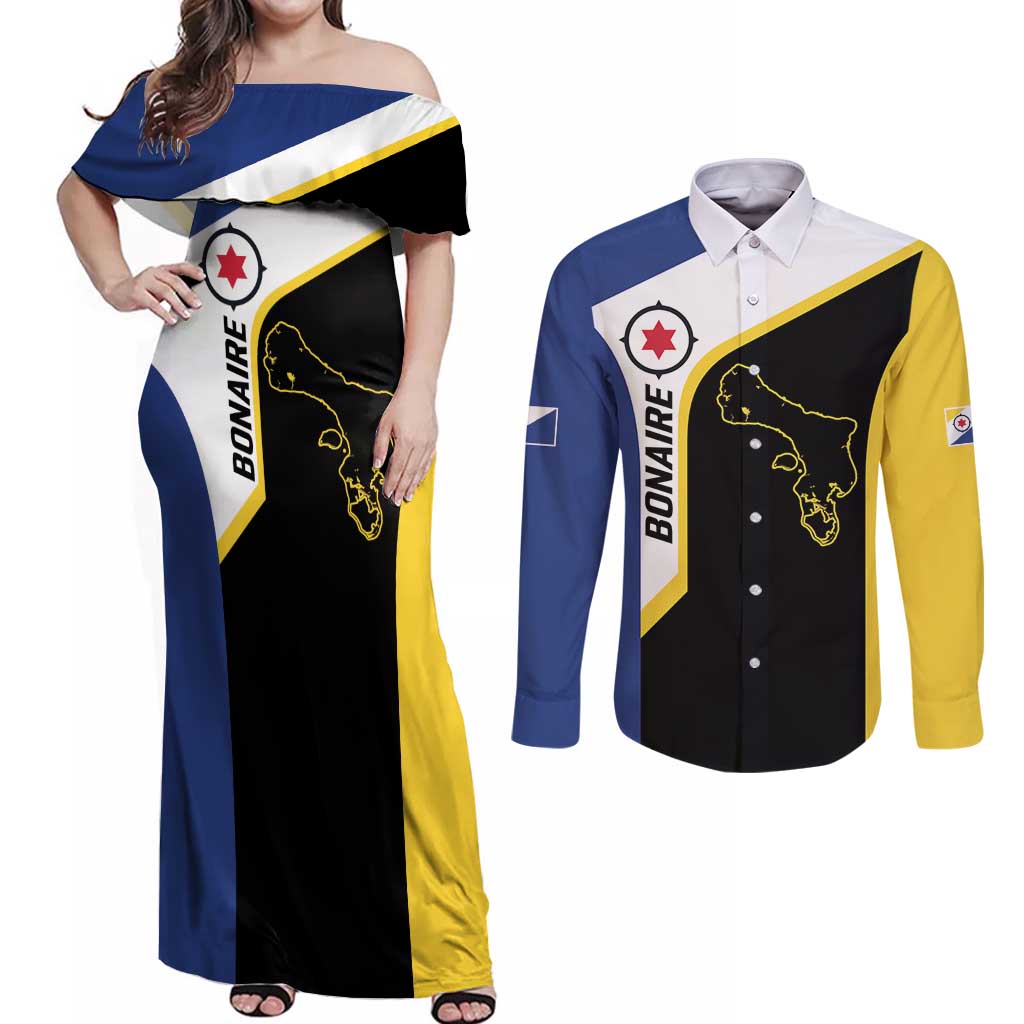 Caribbean Bonaire Personalized Couples Matching Off Shoulder Maxi Dress and Long Sleeve Button Shirt Simple Flag Style - Wonder Print Shop