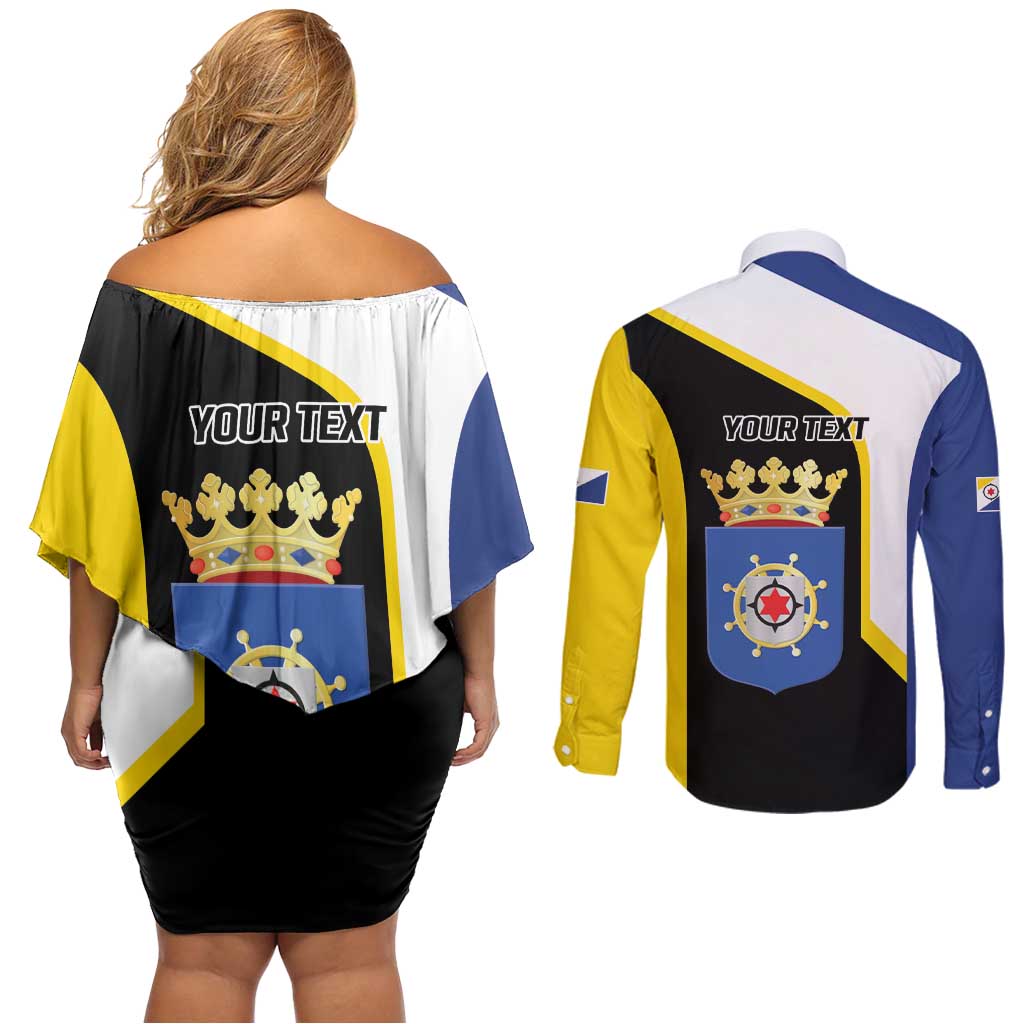 Caribbean Bonaire Personalized Couples Matching Off Shoulder Short Dress and Long Sleeve Button Shirt Simple Flag Style - Wonder Print Shop