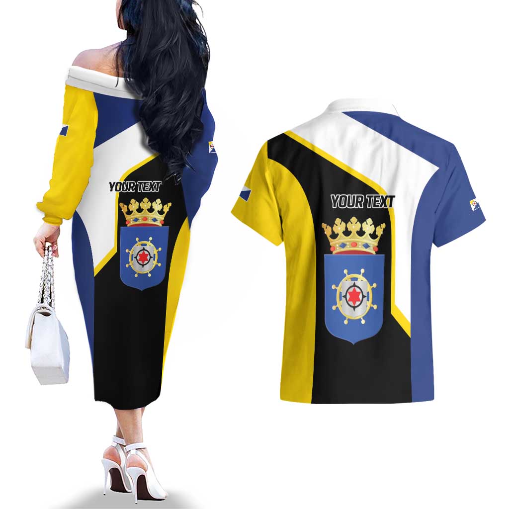 Caribbean Bonaire Personalized Couples Matching Off The Shoulder Long Sleeve Dress and Hawaiian Shirt Simple Flag Style - Wonder Print Shop