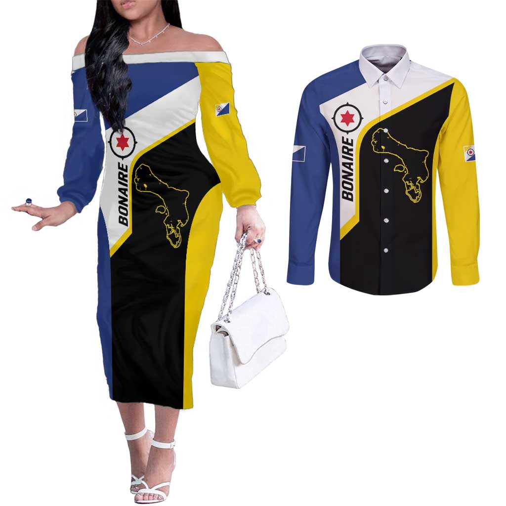 Caribbean Bonaire Personalized Couples Matching Off The Shoulder Long Sleeve Dress and Long Sleeve Button Shirt Simple Flag Style - Wonder Print Shop