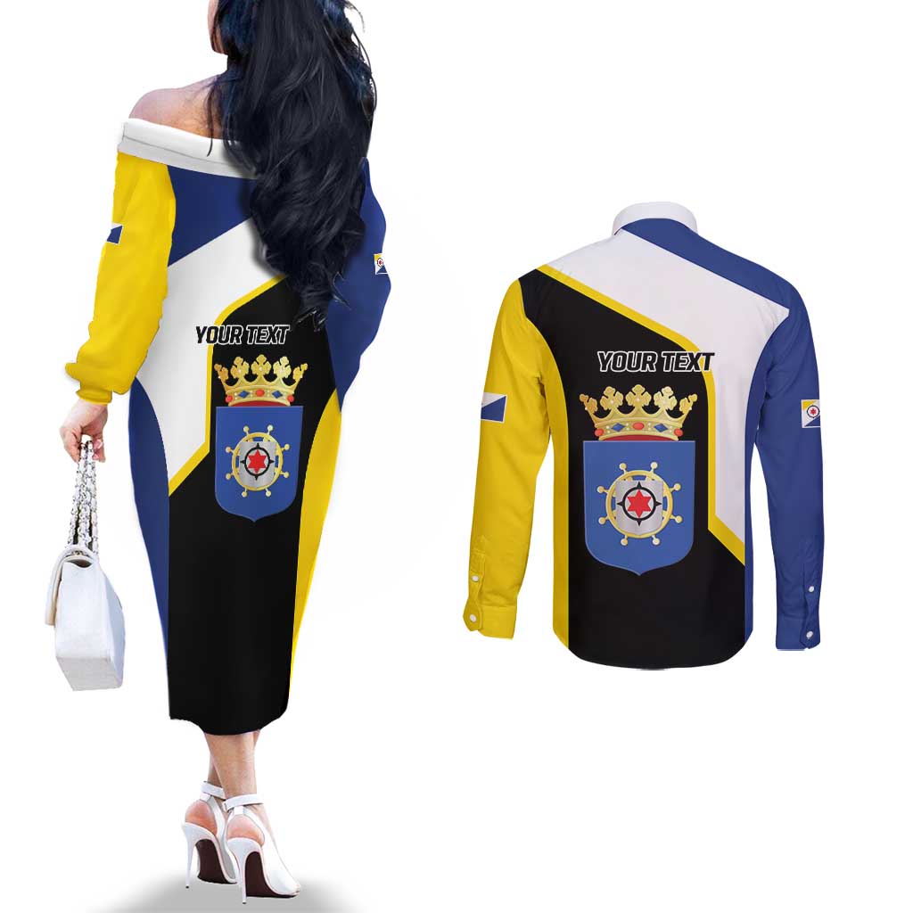 Caribbean Bonaire Personalized Couples Matching Off The Shoulder Long Sleeve Dress and Long Sleeve Button Shirt Simple Flag Style - Wonder Print Shop