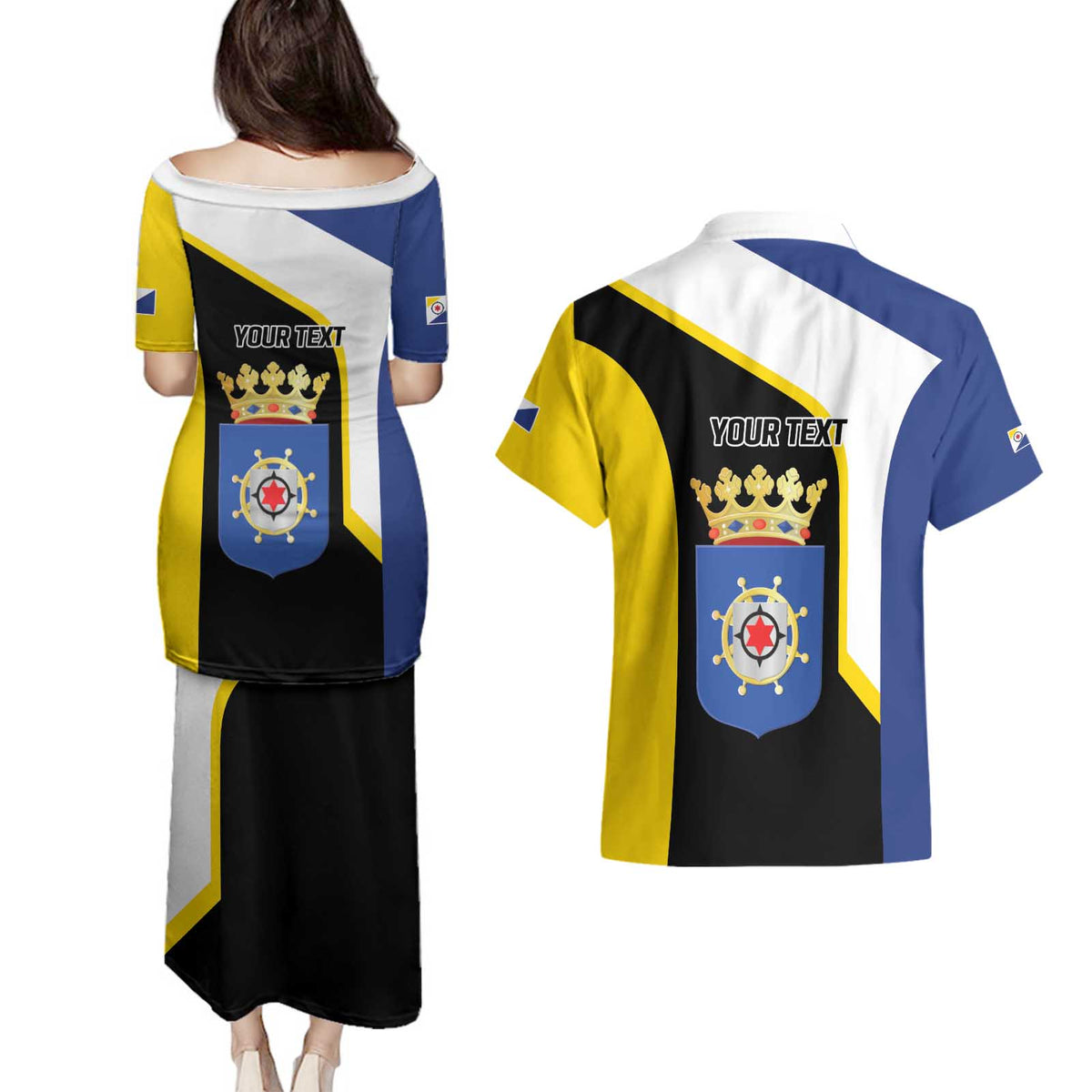 Caribbean Bonaire Personalized Couples Matching Puletasi and Hawaiian Shirt Simple Flag Style - Wonder Print Shop