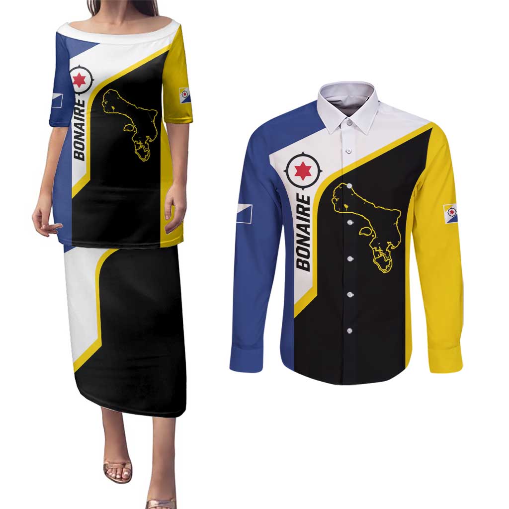 Caribbean Bonaire Personalized Couples Matching Puletasi and Long Sleeve Button Shirt Simple Flag Style - Wonder Print Shop