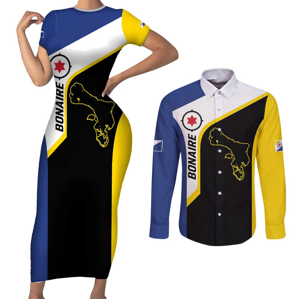 Caribbean Bonaire Personalized Couples Matching Short Sleeve Bodycon Dress and Long Sleeve Button Shirt Simple Flag Style - Wonder Print Shop