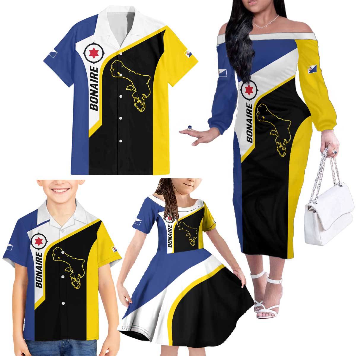 Caribbean Bonaire Personalized Family Matching Off The Shoulder Long Sleeve Dress and Hawaiian Shirt Simple Flag Style - Wonder Print Shop