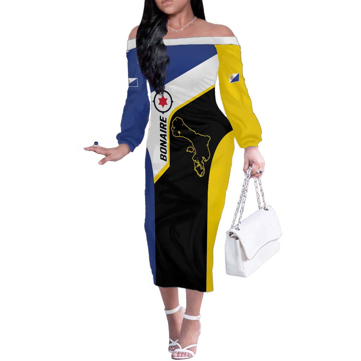 Caribbean Bonaire Personalized Family Matching Off The Shoulder Long Sleeve Dress and Hawaiian Shirt Simple Flag Style - Wonder Print Shop