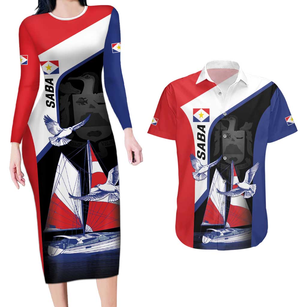 Caribbean Saba Personalized Couples Matching Long Sleeve Bodycon Dress and Hawaiian Shirt Remis Velisque Sail the Seas - Wonder Print Shop
