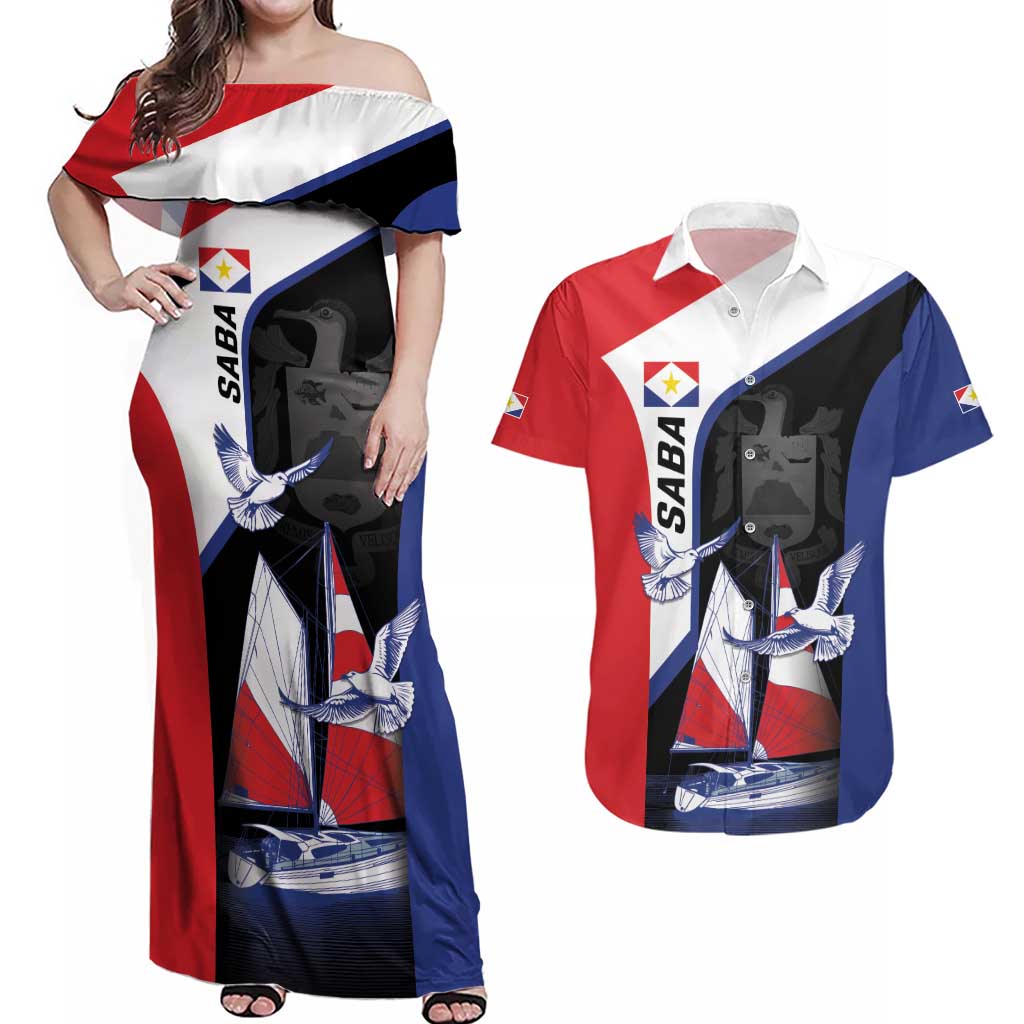 Caribbean Saba Personalized Couples Matching Off Shoulder Maxi Dress and Hawaiian Shirt Remis Velisque Sail the Seas - Wonder Print Shop