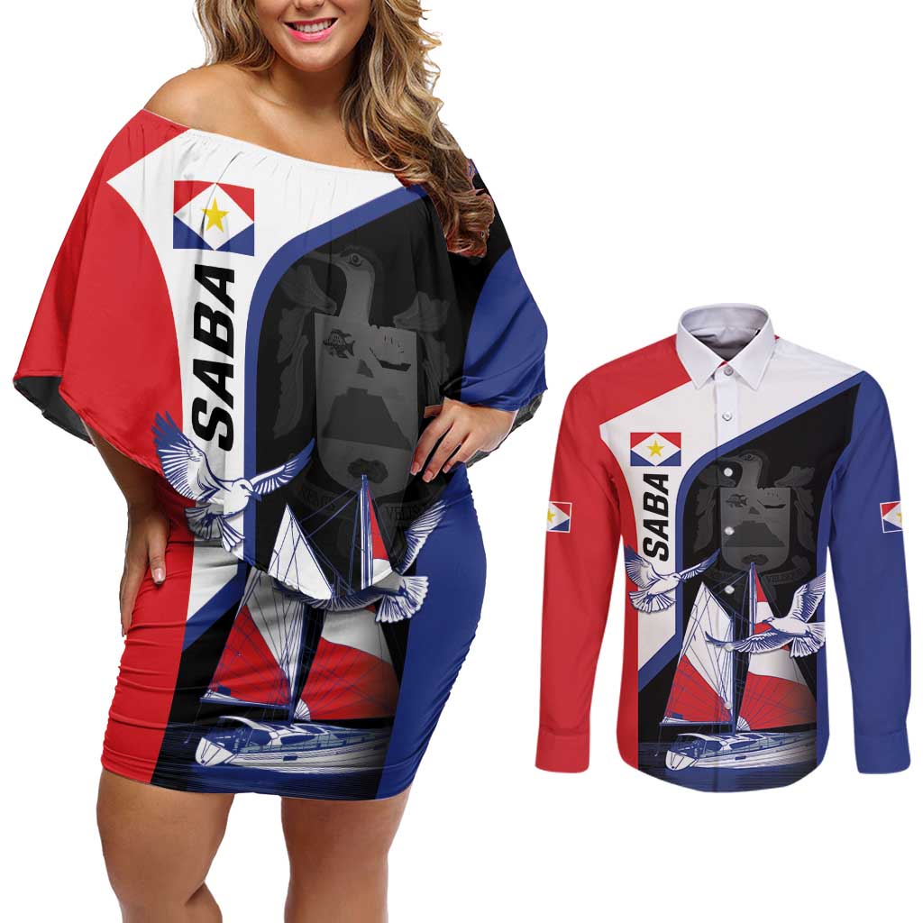 Caribbean Saba Personalized Couples Matching Off Shoulder Short Dress and Long Sleeve Button Shirt Remis Velisque Sail the Seas - Wonder Print Shop