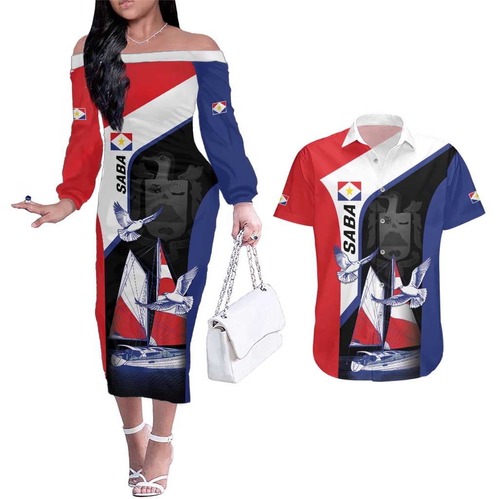 Caribbean Saba Personalized Couples Matching Off The Shoulder Long Sleeve Dress and Hawaiian Shirt Remis Velisque Sail the Seas - Wonder Print Shop