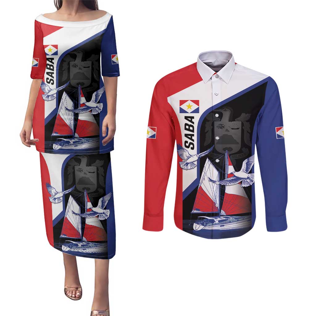 Caribbean Saba Personalized Couples Matching Puletasi and Long Sleeve Button Shirt Remis Velisque Sail the Seas - Wonder Print Shop