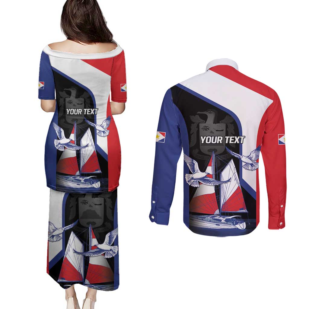 Caribbean Saba Personalized Couples Matching Puletasi and Long Sleeve Button Shirt Remis Velisque Sail the Seas - Wonder Print Shop