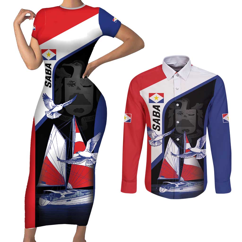 Caribbean Saba Personalized Couples Matching Short Sleeve Bodycon Dress and Long Sleeve Button Shirt Remis Velisque Sail the Seas - Wonder Print Shop