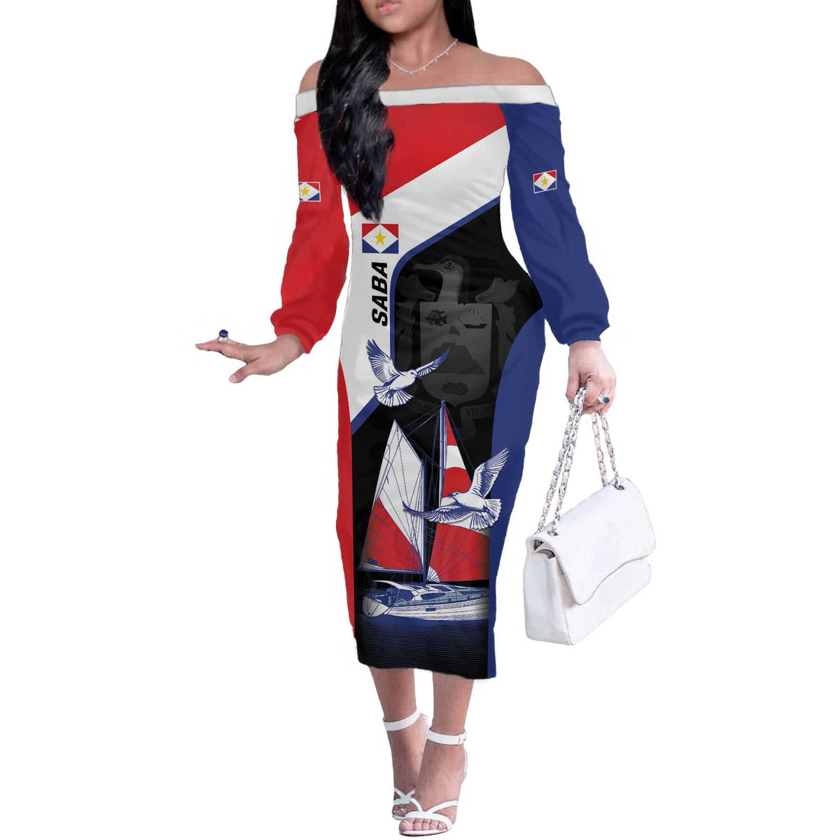 Caribbean Saba Personalized Off The Shoulder Long Sleeve Dress Remis Velisque Sail the Seas - Wonder Print Shop