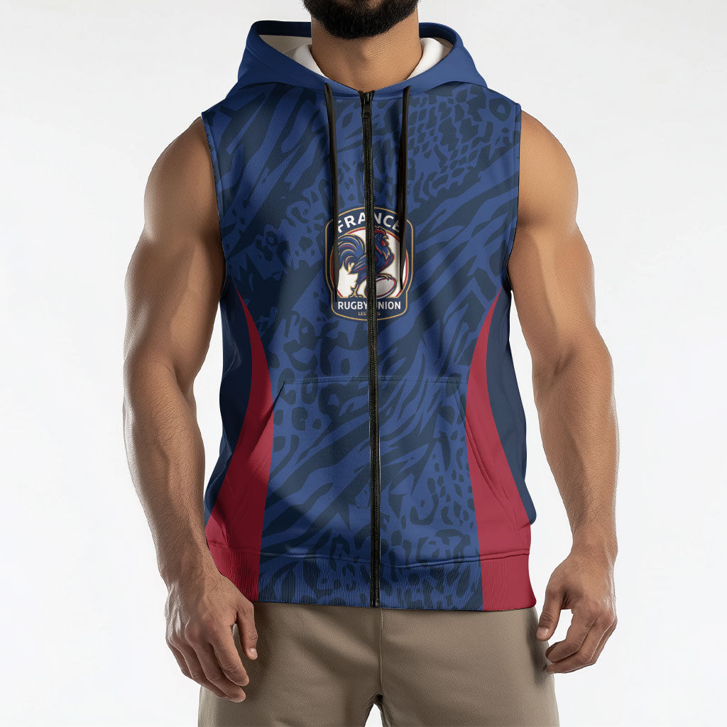 France Rugby National Heritage Custom Sleeveless Zip Hoodie Fleur De Lis Inspired Edition