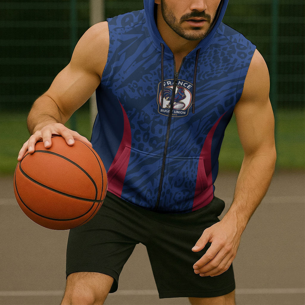 France Rugby National Heritage Custom Sleeveless Zip Hoodie Fleur De Lis Inspired Edition