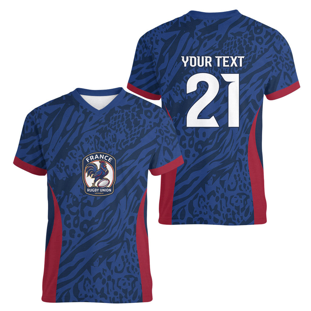 France Rugby National Heritage Custom Women V-Neck T-Shirt Fleur De Lis Inspired Edition