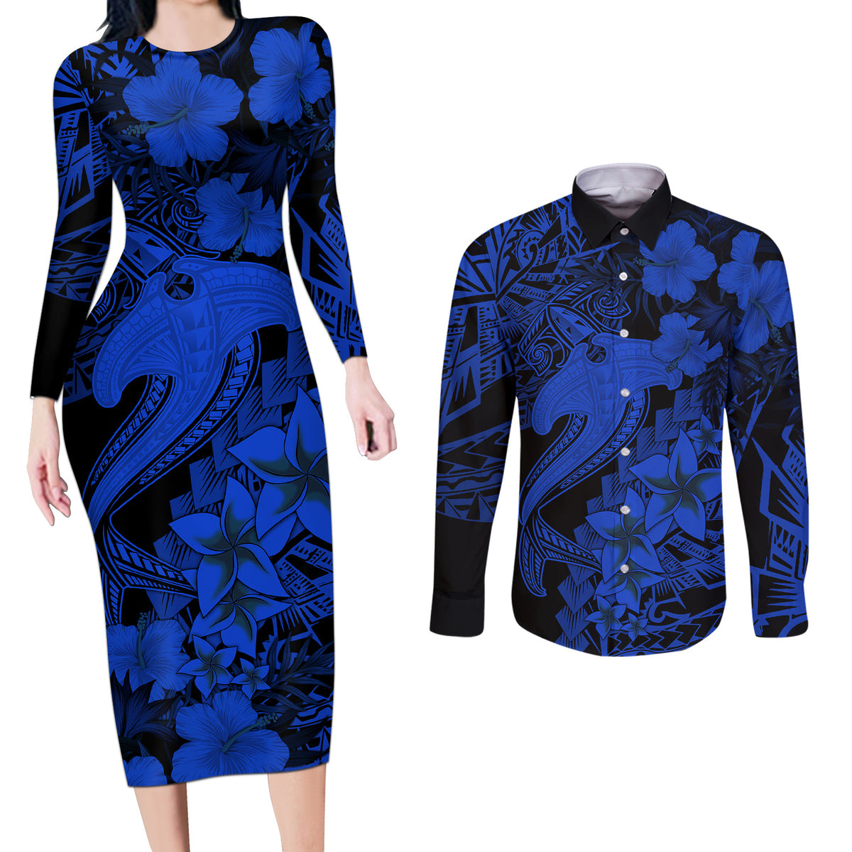 Aloha Hawaii Couples Matching Long Sleeve Bodycon Dress and Long Sleeve Button Shirts Hammerhead Shark Tattoo Polynesian Summer - Blue LT9 - Wonder Print Shop