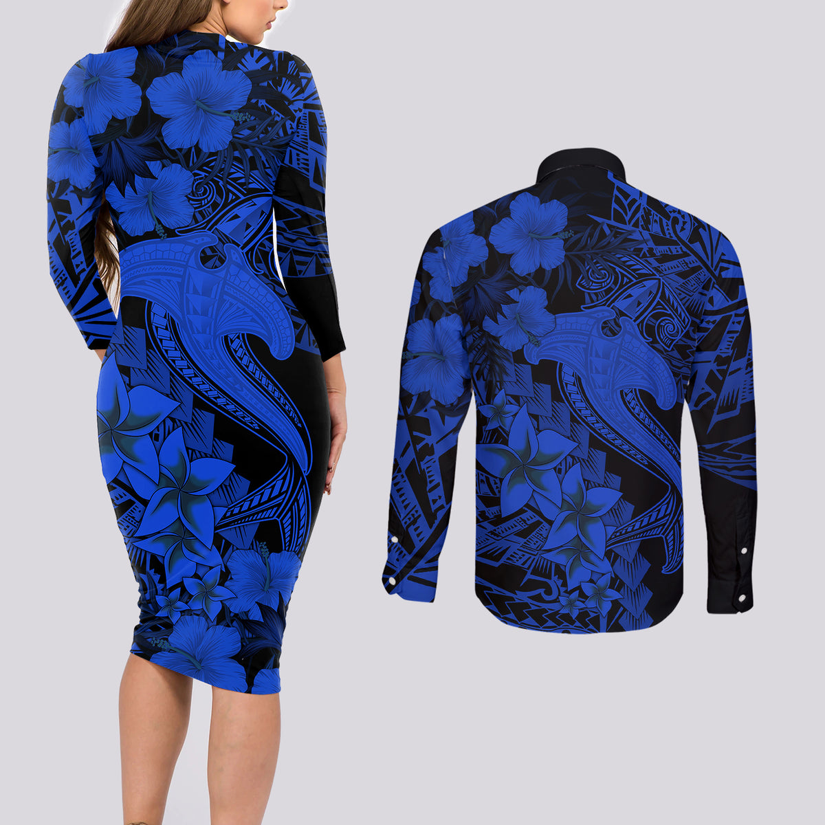Aloha Hawaii Couples Matching Long Sleeve Bodycon Dress and Long Sleeve Button Shirts Hammerhead Shark Tattoo Polynesian Summer - Blue LT9 - Wonder Print Shop