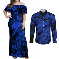 Aloha Hawaii Couples Matching Off Shoulder Maxi Dress and Long Sleeve Button Shirts Hammerhead Shark Tattoo Polynesian Summer - Blue LT9 - Wonder Print Shop
