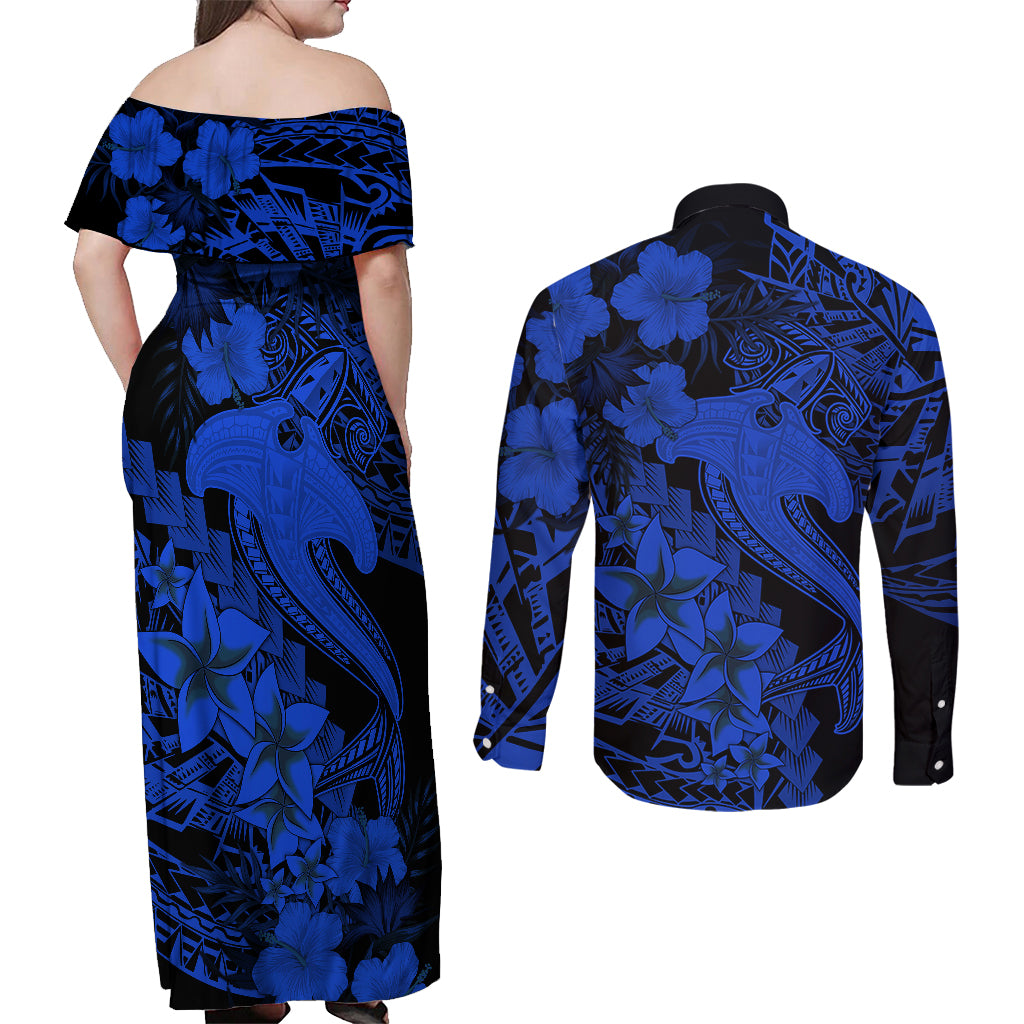 Aloha Hawaii Couples Matching Off Shoulder Maxi Dress and Long Sleeve Button Shirts Hammerhead Shark Tattoo Polynesian Summer - Blue LT9 - Wonder Print Shop