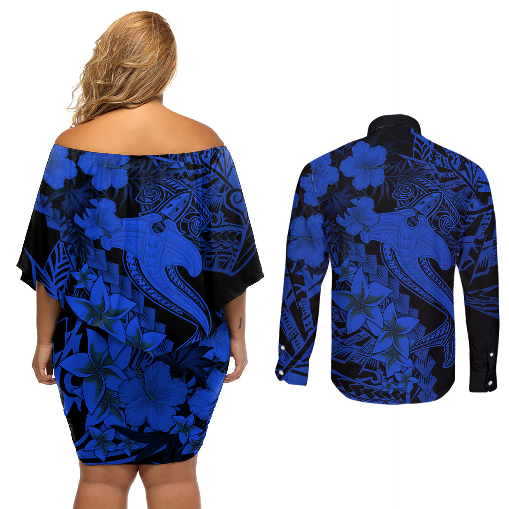Aloha Hawaii Couples Matching Off Shoulder Short Dress and Long Sleeve Button Shirts Hammerhead Shark Tattoo Polynesian Summer - Blue LT9 - Wonder Print Shop