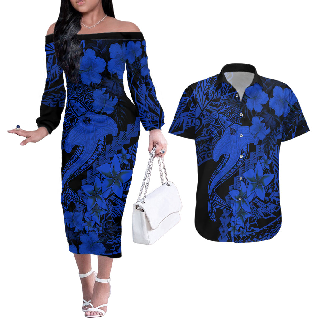 Aloha Hawaii Couples Matching Off The Shoulder Long Sleeve Dress and Hawaiian Shirt Hammerhead Shark Tattoo Polynesian Summer - Blue LT9 - Wonder Print Shop