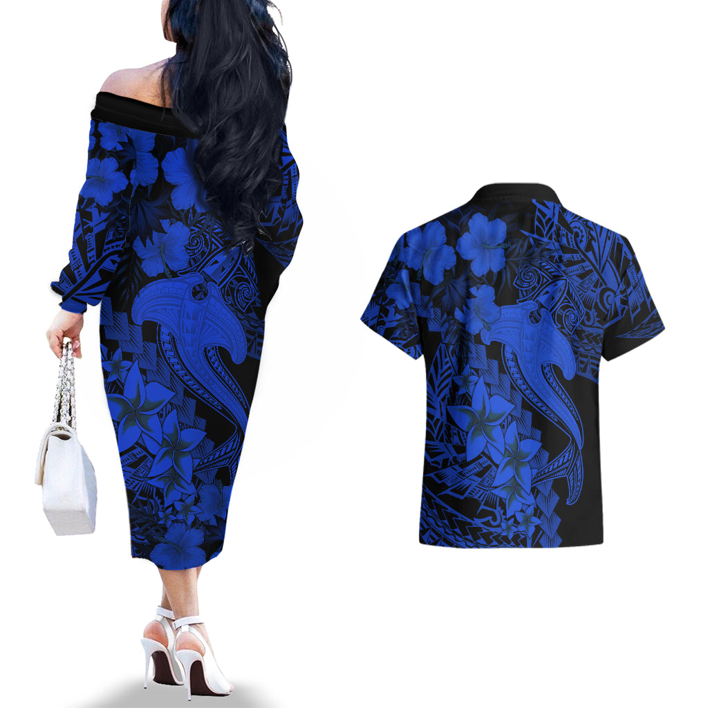 Aloha Hawaii Couples Matching Off The Shoulder Long Sleeve Dress and Hawaiian Shirt Hammerhead Shark Tattoo Polynesian Summer - Blue LT9 - Wonder Print Shop