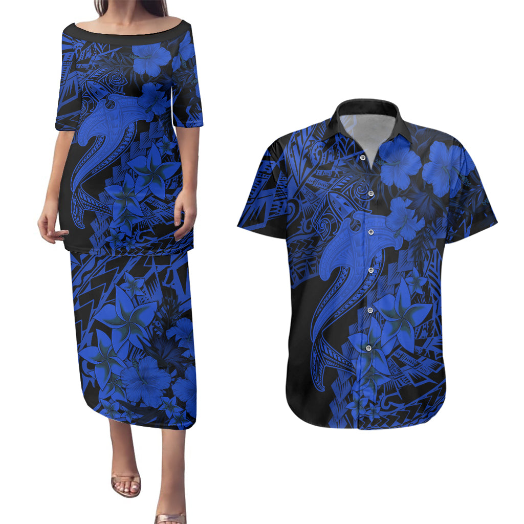 Aloha Hawaii Couples Matching Puletasi Dress and Hawaiian Shirt Hammerhead Shark Tattoo Polynesian Summer - Blue LT9 - Wonder Print Shop