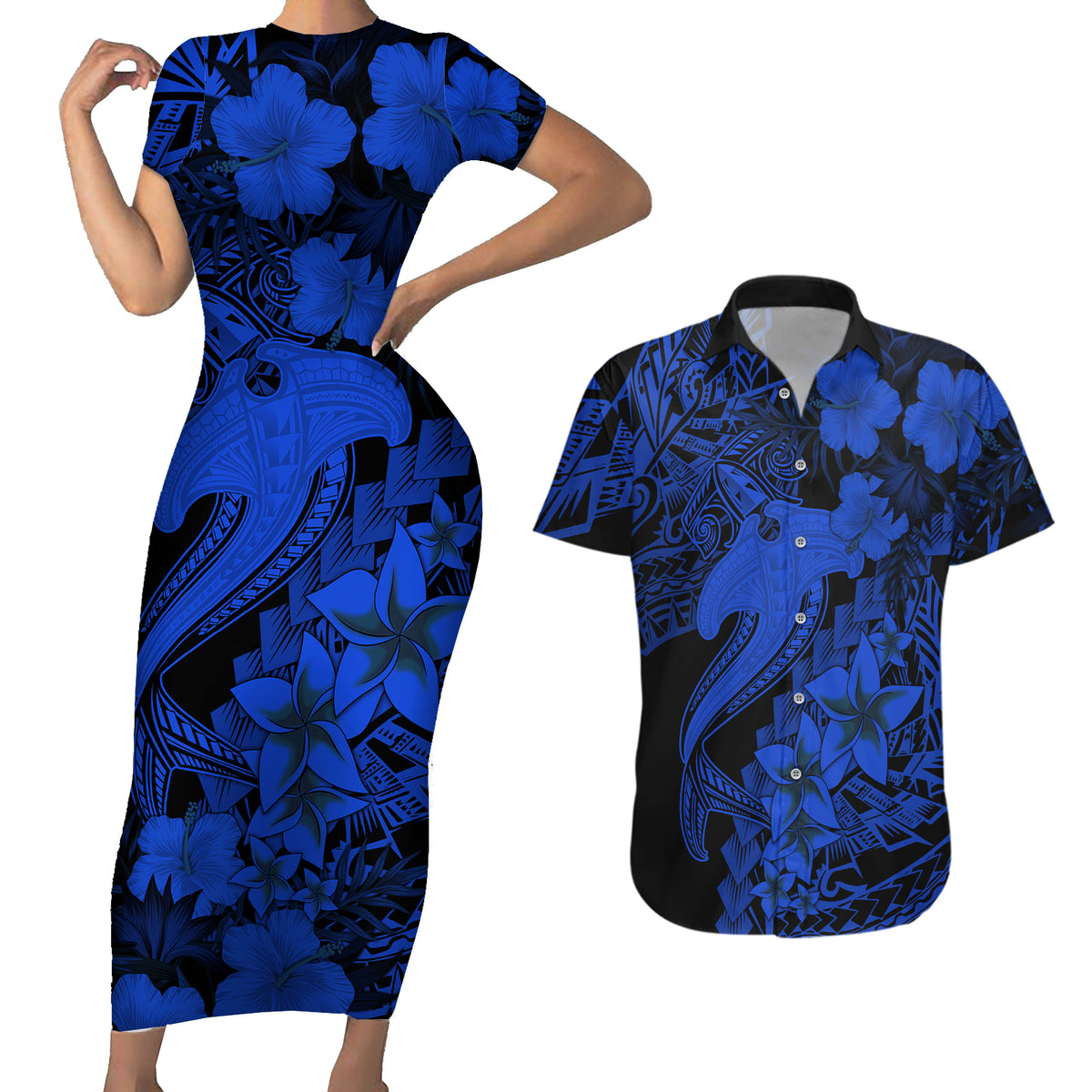 Aloha Hawaii Couples Matching Short Sleeve Bodycon Dress and Hawaiian Shirt Hammerhead Shark Tattoo Polynesian Summer - Blue LT9 - Wonder Print Shop