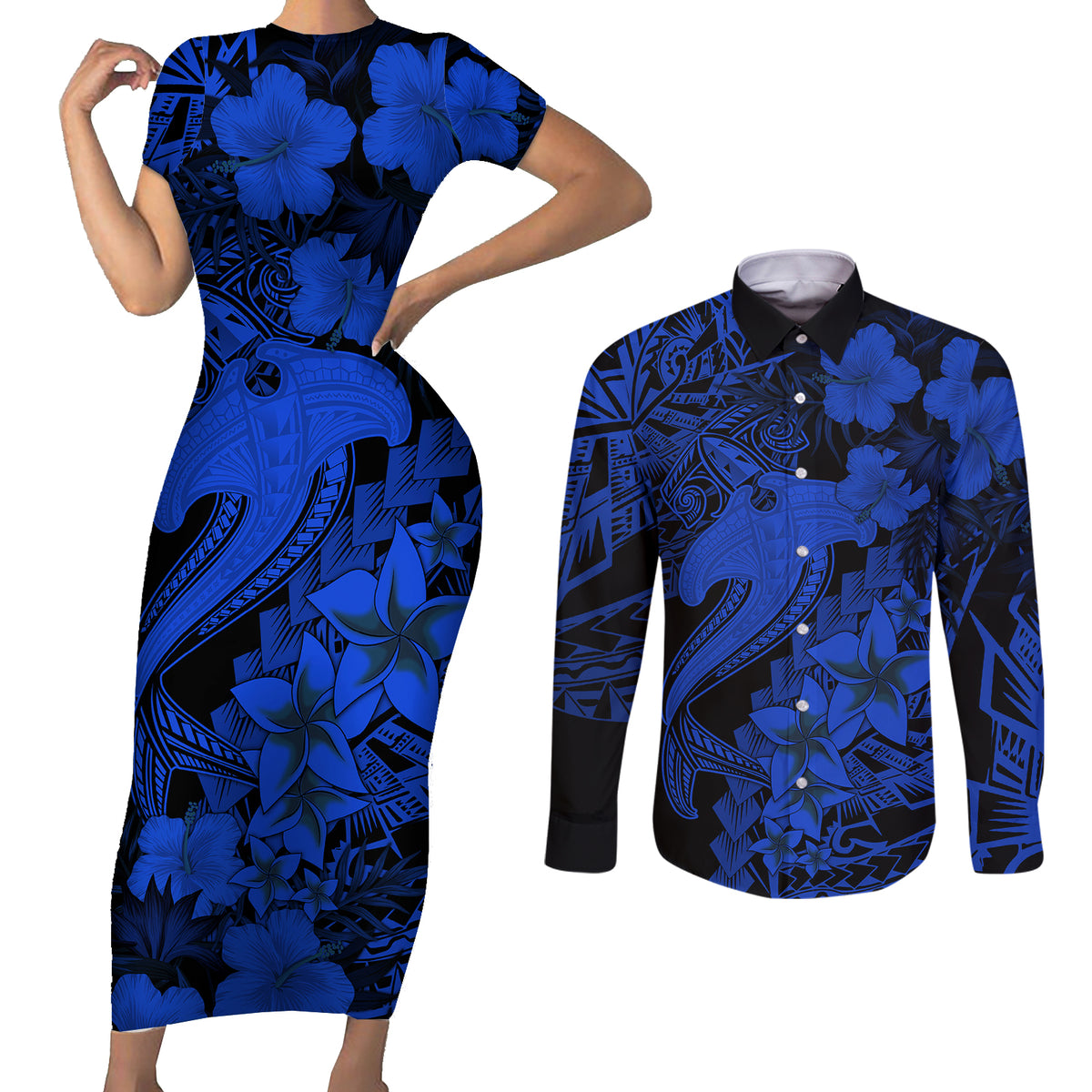 Aloha Hawaii Couples Matching Short Sleeve Bodycon Dress and Long Sleeve Button Shirts Hammerhead Shark Tattoo Polynesian Summer - Blue LT9 - Wonder Print Shop