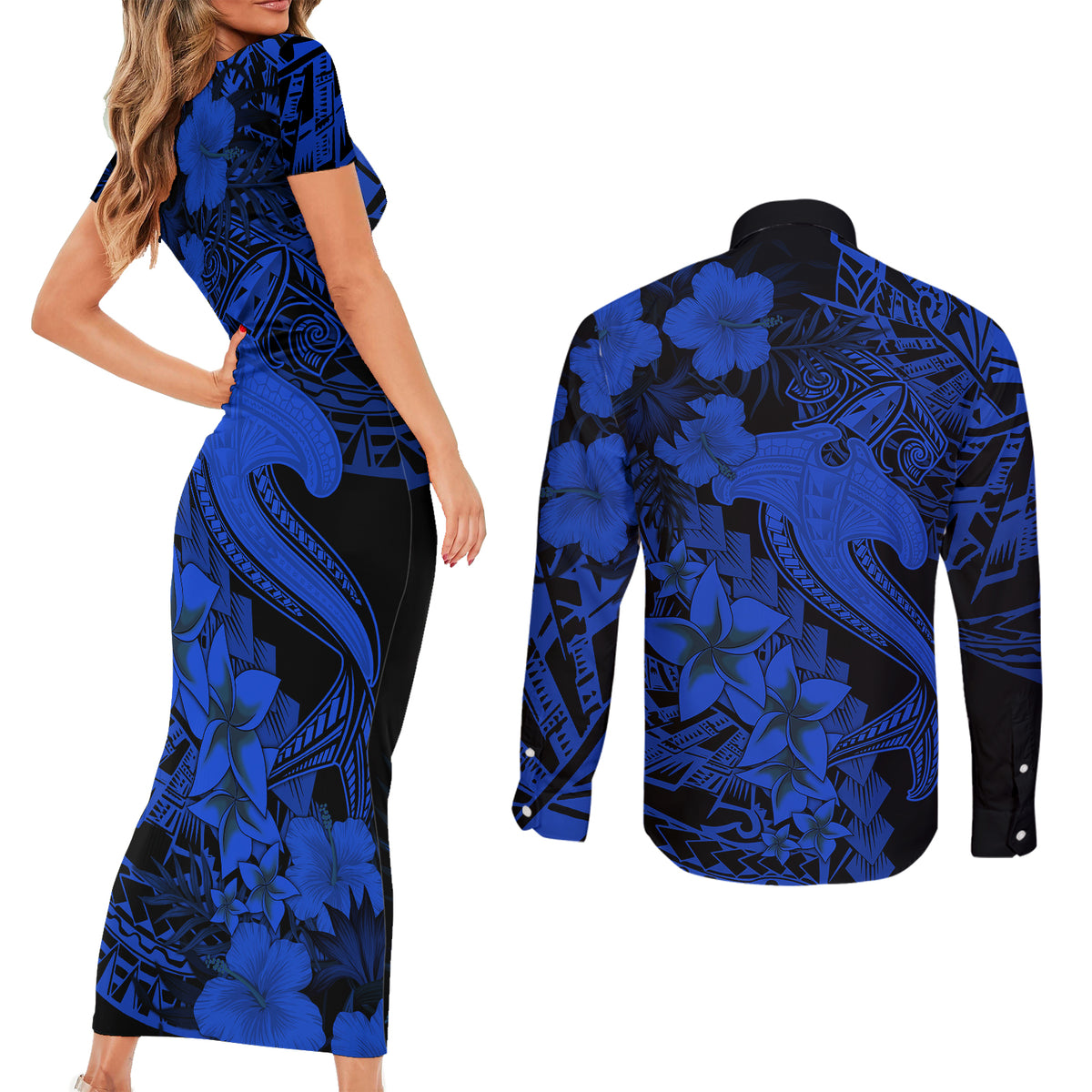 Aloha Hawaii Couples Matching Short Sleeve Bodycon Dress and Long Sleeve Button Shirts Hammerhead Shark Tattoo Polynesian Summer - Blue LT9 - Wonder Print Shop