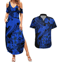 Aloha Hawaii Couples Matching Summer Maxi Dress and Hawaiian Shirt Hammerhead Shark Tattoo Polynesian Summer - Blue LT9 - Wonder Print Shop