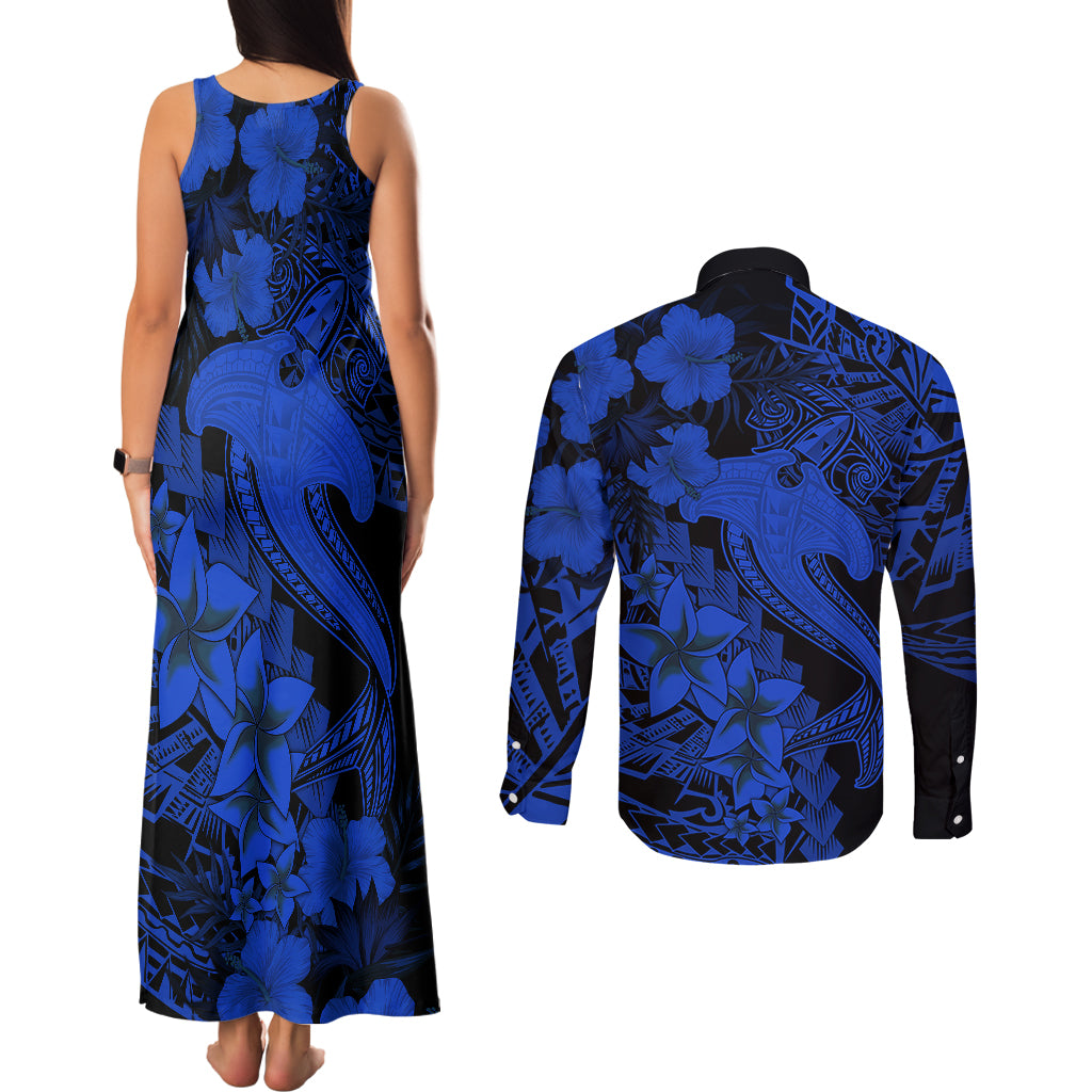 Aloha Hawaii Couples Matching Tank Maxi Dress and Long Sleeve Button Shirts Hammerhead Shark Tattoo Polynesian Summer - Blue LT9 - Wonder Print Shop