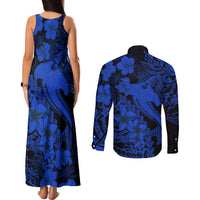 Aloha Hawaii Couples Matching Tank Maxi Dress and Long Sleeve Button Shirts Hammerhead Shark Tattoo Polynesian Summer - Blue LT9 - Wonder Print Shop