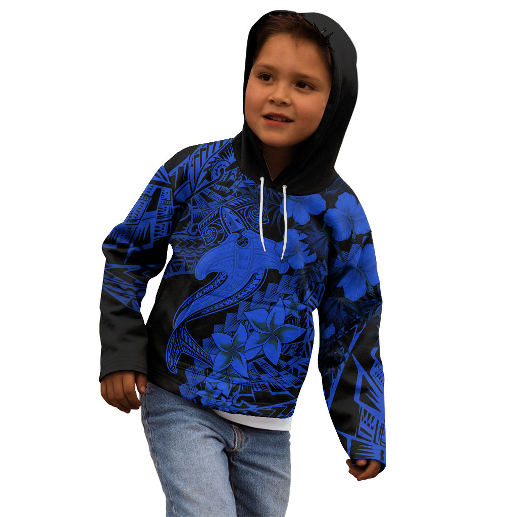 Aloha Hawaii Kid Hoodie Hammerhead Shark Tattoo Polynesian Summer - Blue - Wonder Print Shop