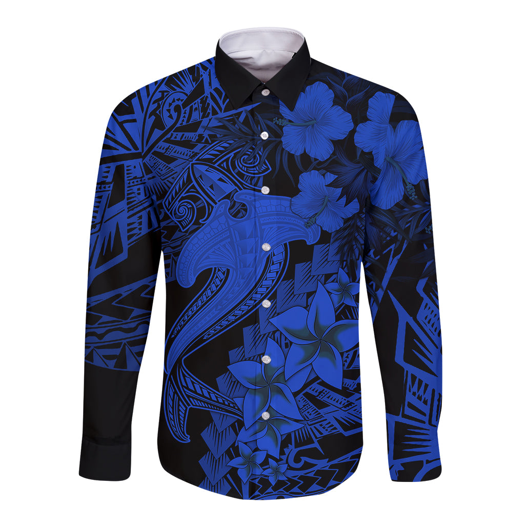 Aloha Hawaii Long Sleeve Button Shirt Hammerhead Shark Tattoo Polynesian Summer - Blue - Wonder Print Shop