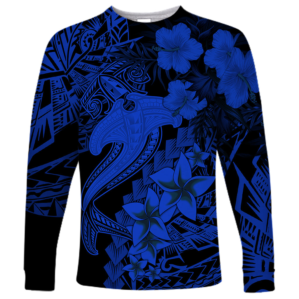 Aloha Hawaii Long Sleeve Shirt Hammerhead Shark Tattoo Polynesian Summer - Blue - Wonder Print Shop