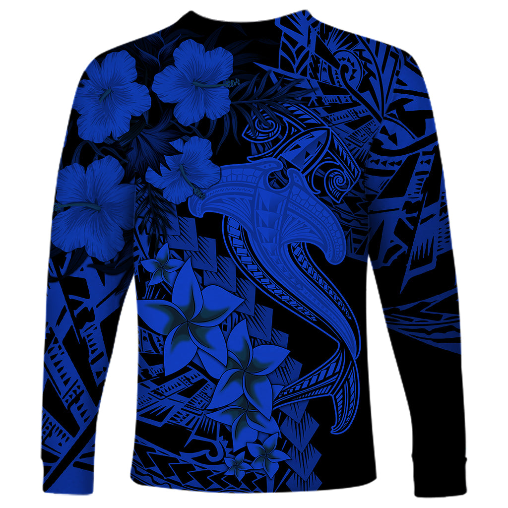 Aloha Hawaii Long Sleeve Shirt Hammerhead Shark Tattoo Polynesian Summer - Blue - Wonder Print Shop