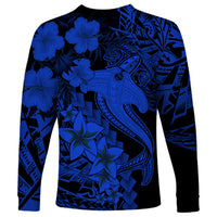 Aloha Hawaii Long Sleeve Shirt Hammerhead Shark Tattoo Polynesian Summer - Blue - Wonder Print Shop