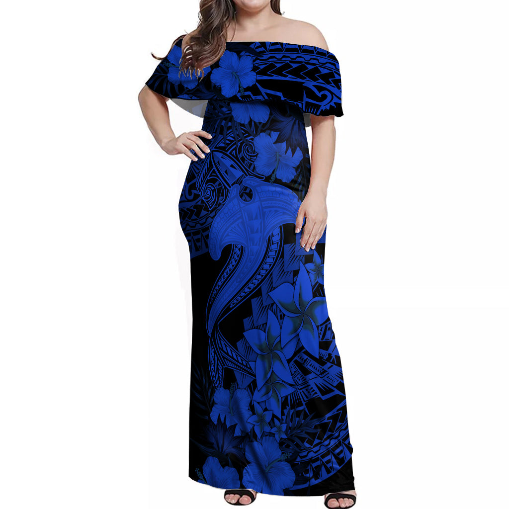 Aloha Hawaii Off Shoulder Maxi Dress Hammerhead Shark Tattoo Polynesian Summer - Blue - Wonder Print Shop