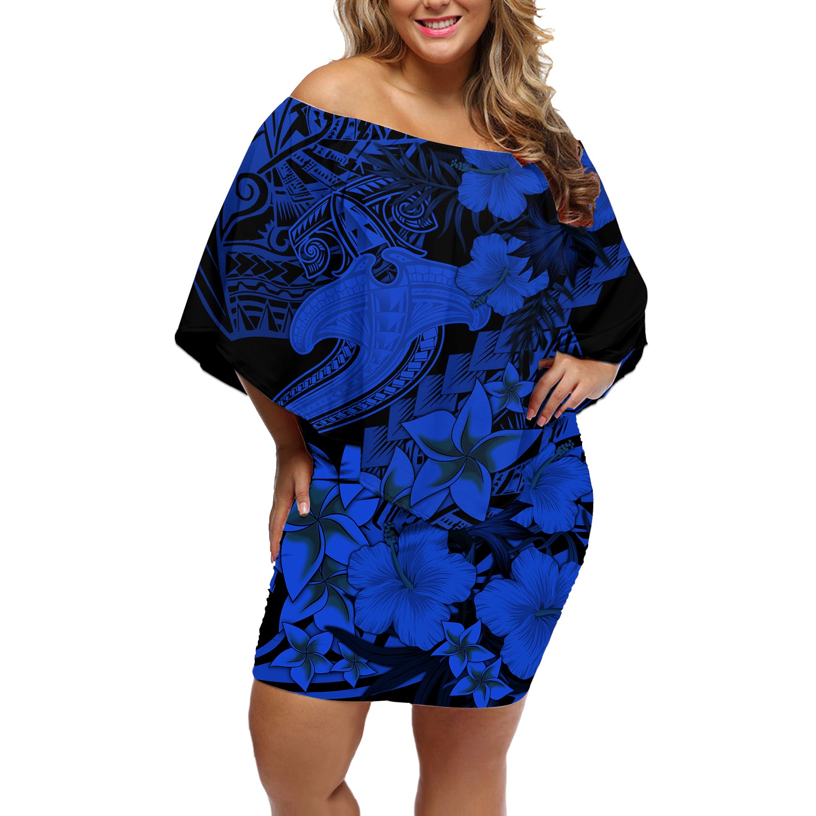 Aloha Hawaii Off Shoulder Short Dress Hammerhead Shark Tattoo Polynesian Summer - Blue - Wonder Print Shop