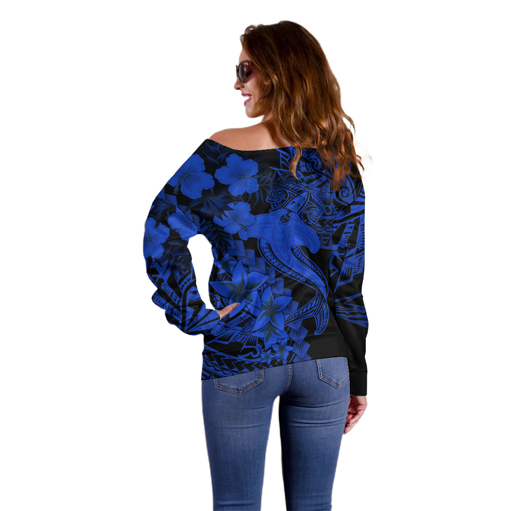 Aloha Hawaii Off Shoulder Sweater Hammerhead Shark Tattoo Polynesian Summer - Blue - Wonder Print Shop