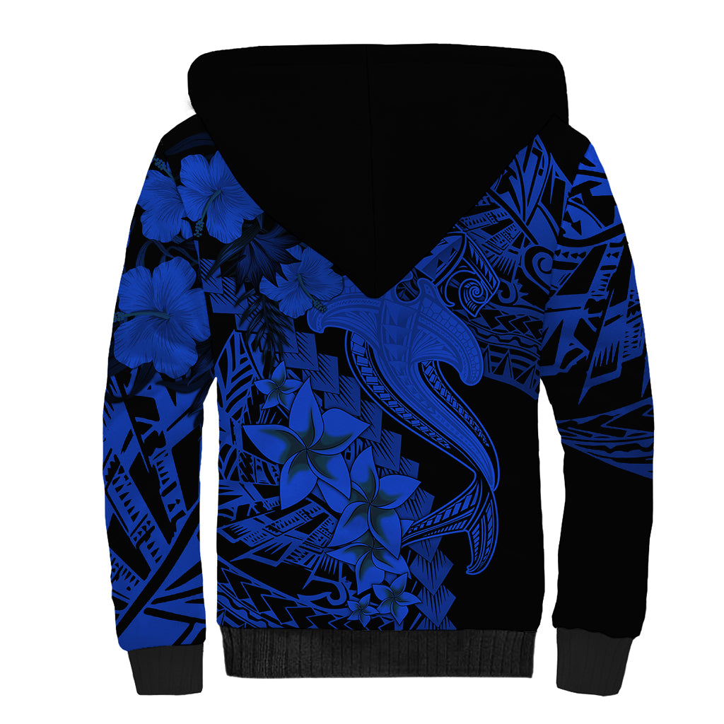 Aloha Hawaii Sherpa Hoodie Hammerhead Shark Tattoo Polynesian Summer - Blue - Wonder Print Shop