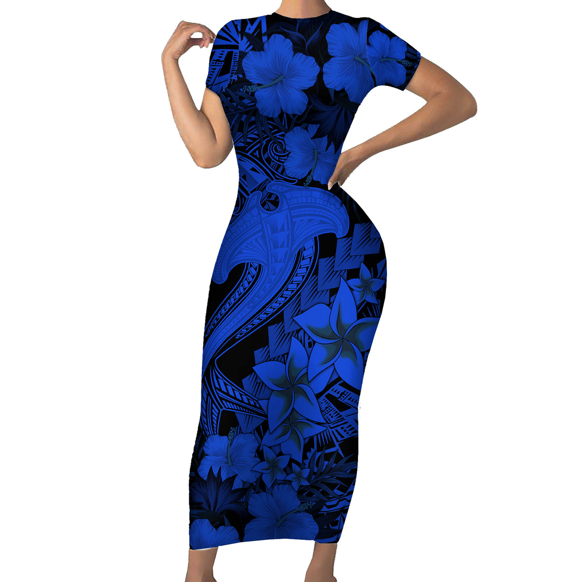 Aloha Hawaii Short Sleeve Bodycon Dress Hammerhead Shark Tattoo Polynesian Summer - Blue - Wonder Print Shop