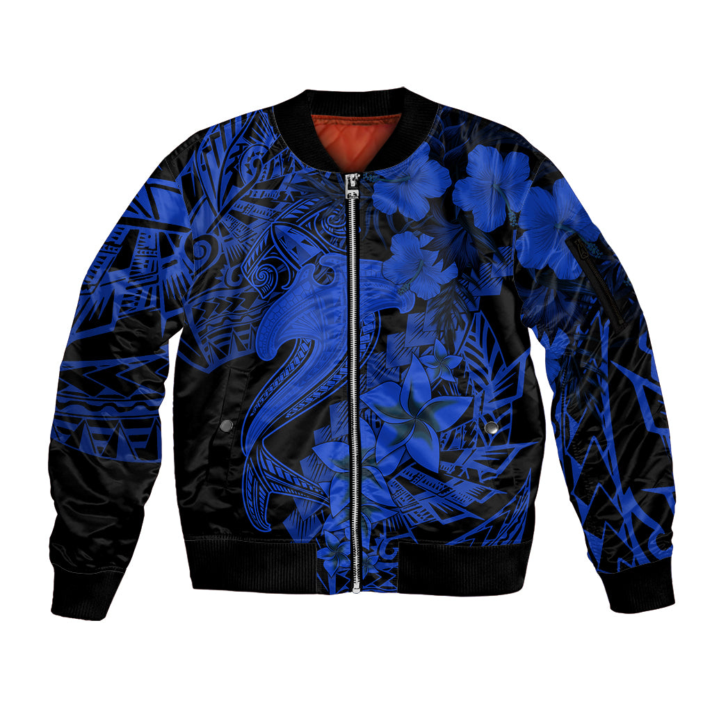 Aloha Hawaii Sleeve Zip Bomber Jacket Hammerhead Shark Tattoo Polynesian Summer - Blue - Wonder Print Shop
