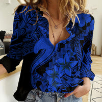 Aloha Hawaii Women Casual Shirt Hammerhead Shark Tattoo Polynesian Summer - Blue - Wonder Print Shop