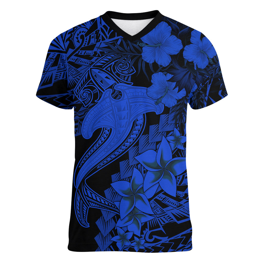 Aloha Hawaii Women V Neck T Shirt Hammerhead Shark Tattoo Polynesian Summer - Blue - Wonder Print Shop